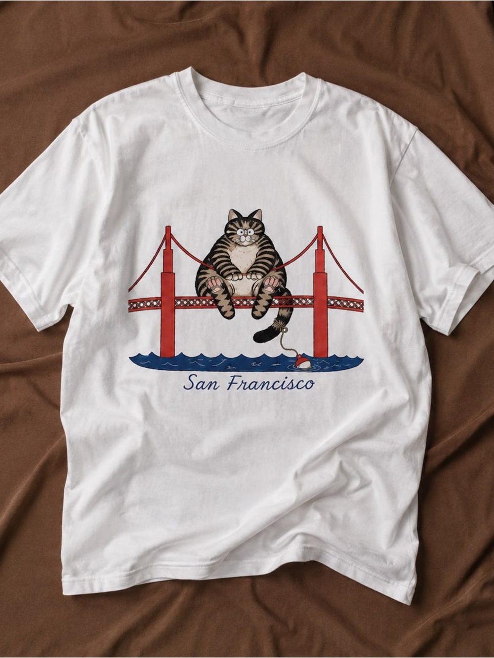 Gildan White Tee with San Francisco Cat & Bridge Graphic